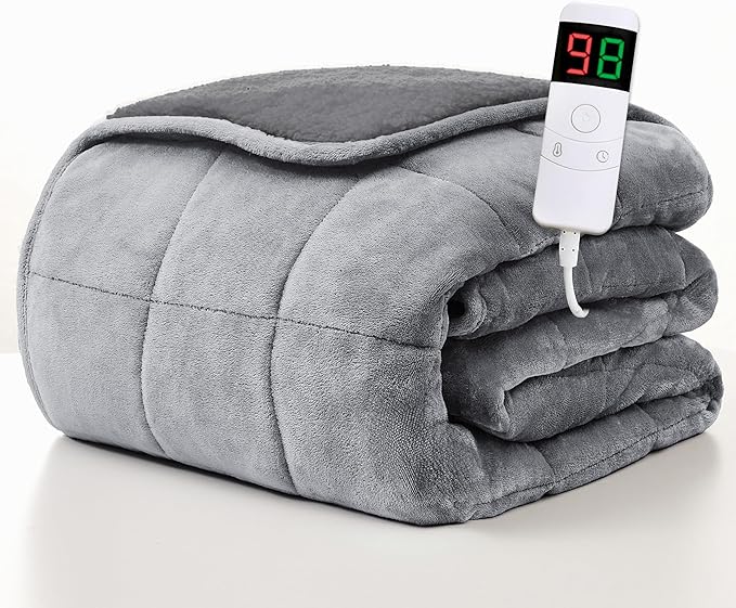 Homemate Heated Weighted Blanket for Adults - 50"x60" 12lbs Electric Throw Fast Heating Heavy Blanket 1/2/4/6/8 Hour Auto Off 10 Heat Levels Over-Heat Protection Comfortable Flannel Sherpa