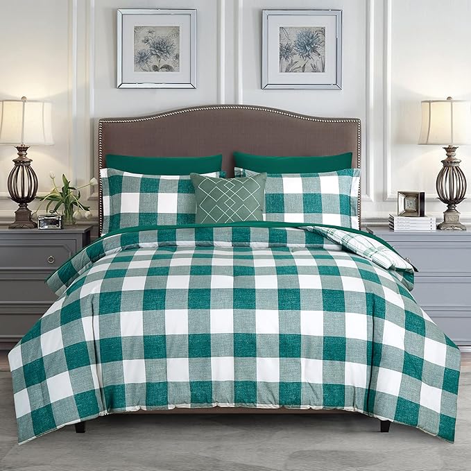 Elegant Comfort 8-Piece Lodge Plaid Reversible Comforter Set - All Season Bed in a Bag, 4-Piece Sheet Set Featuring Smart Pockets, Matching Shams and Decorative Pillow, Full/Queen, Sage
