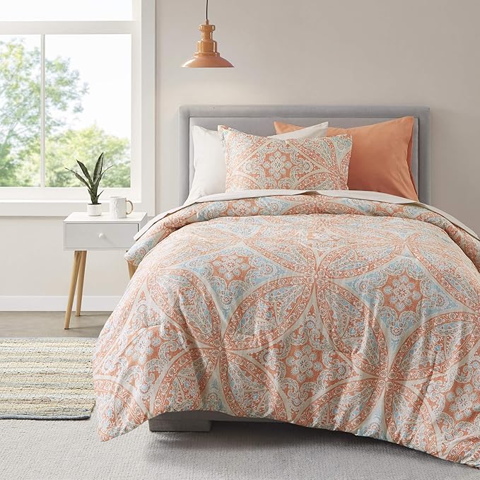 Comfort Spaces Bed in A Bag - Trendy Casual Design Cozy Comforter with Complete Sheet Set with Side Pocket, All Season Cover, Matching Shams, Twin(66"x90"), Gloria, Damask Coral 6 Piece