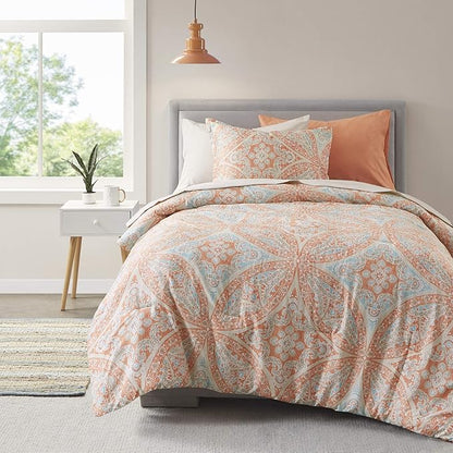 Comfort Spaces Bed in A Bag - Trendy Casual Design Cozy Comforter with Complete Sheet Set with Side Pocket, All Season Cover, Matching Shams, Twin(66"x90"), Gloria, Damask Coral 6 Piece