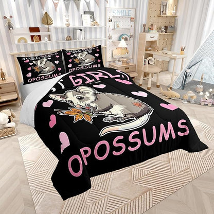 Opossum Boys Kids Comforter Set Full Size,Girl Pink Love Heart Pattern Duvet Set Room Decor,Cute Cartoon Animal Theme Brushed Microfiber Soft Bedding Comforter