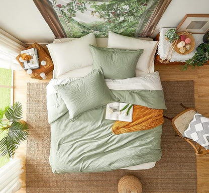 Geniospin King Comforter Set - 7 Pieces Textured Sage Green Bedding Sets, Shabby Chic Comforter Set, All Season Comfortable Bed in a Bag with Comforter, Sheets, Pillowcases & Shams