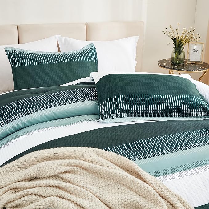 Litanika Dark Emerald Green Bed Comforter Full Set, 3 Pieces Hunter Green Bedding Set, Colorblock Stripe Vintage Style (79x90In Comforter & 2 Pillowcases)