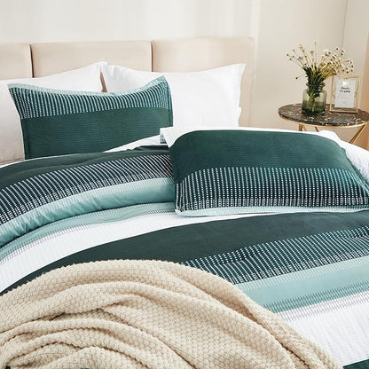 Litanika Dark Emerald Green Bed Comforter Full Set, 3 Pieces Hunter Green Bedding Set, Colorblock Stripe Vintage Style (79x90In Comforter & 2 Pillowcases)