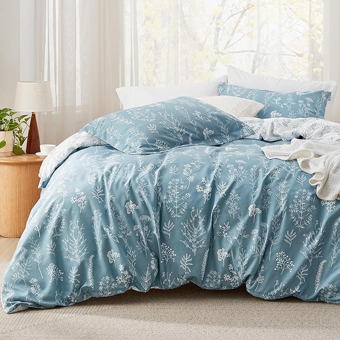 Bedsure Queen Comforter Set - Mineral Blue Bed Set, 3 Pieces Cute Floral Bedding, 1 Soft Reversible Botanical Flowers Comforter and 2 Pillow Shams