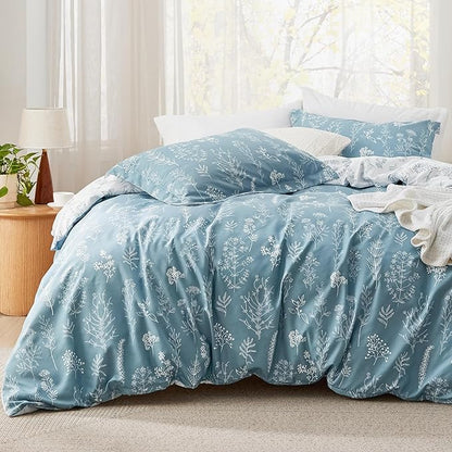 Bedsure Queen Comforter Set - Mineral Blue Bed Set, 3 Pieces Cute Floral Bedding, 1 Soft Reversible Botanical Flowers Comforter and 2 Pillow Shams