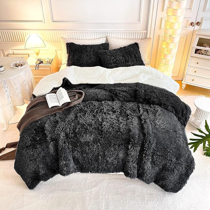 UOZZI BEDDING Black Faux Fur Comforter Set King 3 Pieces - 1 Black Shaggy Comforter Set 104x90 and 2 Pillowcases, Ultra Soft and Easy Care Luxury Plush Shaggy Duvet Set