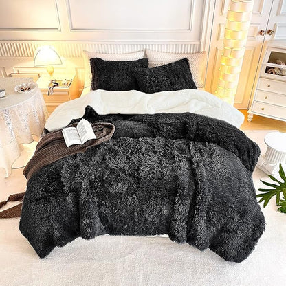 UOZZI BEDDING Black Faux Fur Comforter Set King 3 Pieces - 1 Black Shaggy Comforter Set 104x90 and 2 Pillowcases, Ultra Soft and Easy Care Luxury Plush Shaggy Duvet Set