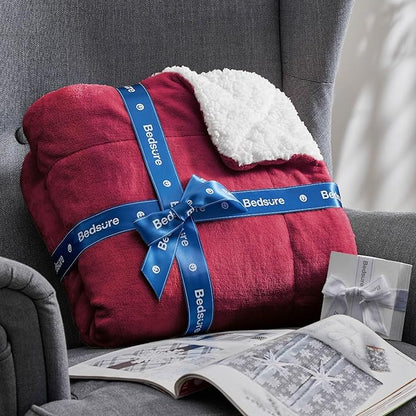 Bedsure GentleSoft Sherpa Fleece Throw Blanket Twin Size for Couch - Thick and Warm Throw for Girls and Women, Soft Fuzzy Plush Twin Christmas Blanket for Winter, Non-Heated, Red, 60x80 Inches
