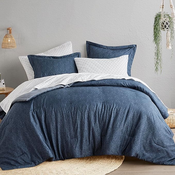 Comfort Spaces Full 7 Pieces Comforter Set, Boho Bed Sets for Full Size, Farmhouse Bedding Sets with Comforter, Gift Bed in a Bag with Comforter, Sheets, Pillowcases, and Shams, Full, Navy