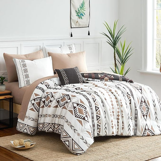 Geniospin Oversized Queen Comforter Set - 7 Pieces Reversible Bedding Set, Boho Bed in A Bag, Lightweight Soft Aztec Bedding, All Season Bed Comforter Set with Sheets, Pillowcases & Shams