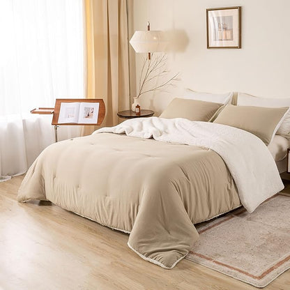 Ultra-Soft Sherpa Fleece Warm Twin/Twin XL Bed Down Alternative Comforter Set with 1 Pillowsham for Child Kid Dorm - Beige and White Fluffy Surface for Cozy Autumn Winter Christmas Nights