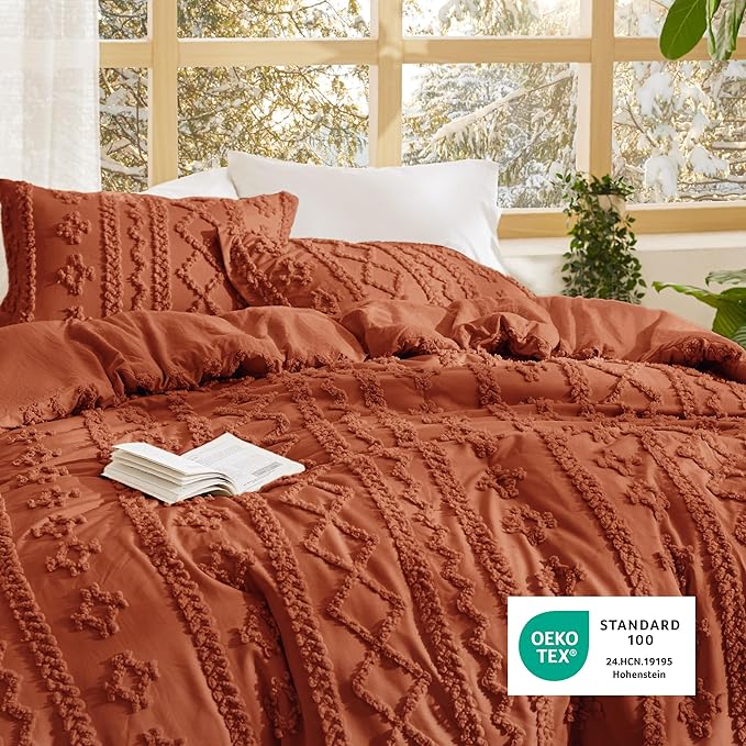 Bedsure Tufted Boho Comforter Set King Size - Terracotta Boho Bed Set, GentleSoft™ 3 Pieces Farmhouse Shabby Chic Embroidery Bedding, Gifts for Woman, Soft Jacquard King Comforter for All Seasons