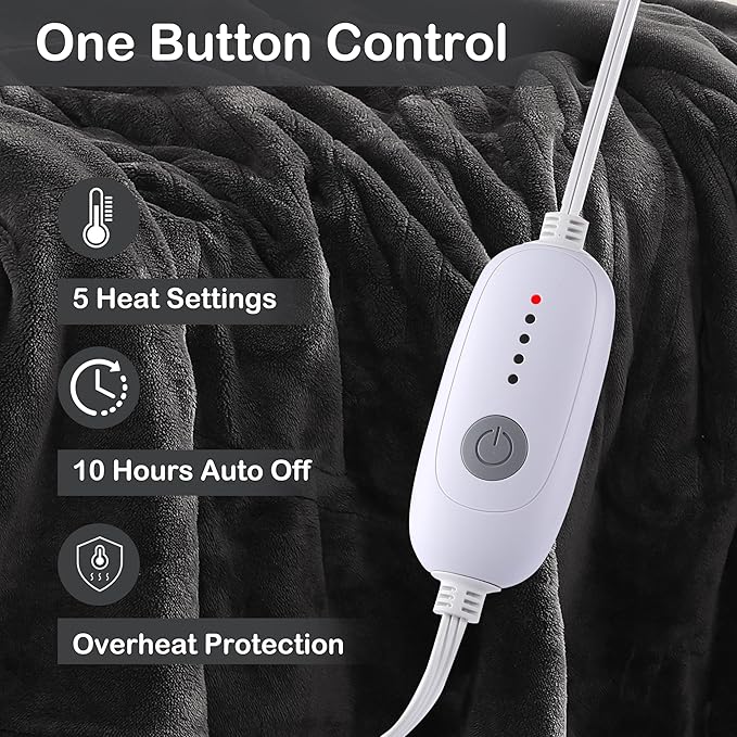 Electric Heated Blanket Full Size 72"x84",Fast Heating Throw, Soft Plush Microplush for Bed & Couch, 10 Hours Auto Off & 5 Heating Levels, Machine Washable, Gifts for Grandma & Family-Dark Gray