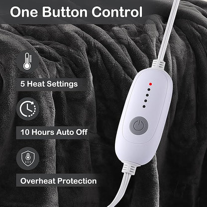 Electric Heated Blanket Full Size 72"x84",Fast Heating Throw, Soft Plush Microplush for Bed & Couch, 10 Hours Auto Off & 5 Heating Levels, Machine Washable, Gifts for Grandma & Family-Dark Gray