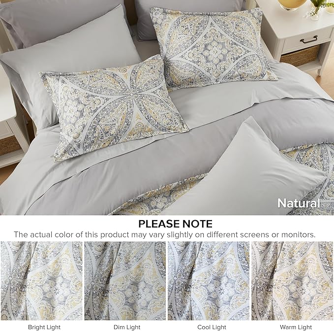 Comfort Spaces Bed in A Bag Comforter Set - Trendy Casual Design Full Comforter with Complete Sheet Set with Side Pocket, All Season, Shams, Gloria, Full Grey/Yellow 9 Piece