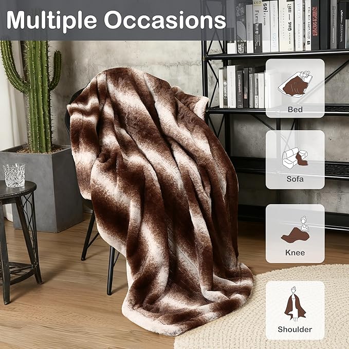 Electric Heated Blanket Throw Size 50"×60" with 4 Heating Levels & 4 Hours Auto Off, Heating Throw Plush Faux Fur, Energy Efficient, Machine Washable, Brown White