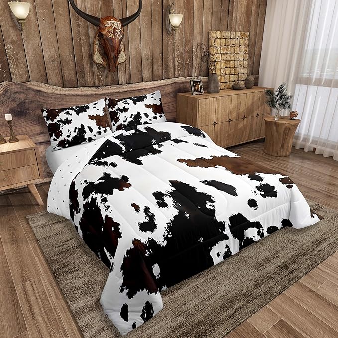 Feelyou Black Cow Fur Printed Comforter Set for Kids Boys Girls Western Cowboy Comforter Cowhide Pattern Bedding Set Toddler Size Bedroom Decor Farm Animal Skin Duvet Set Quilt Set 2Pcs