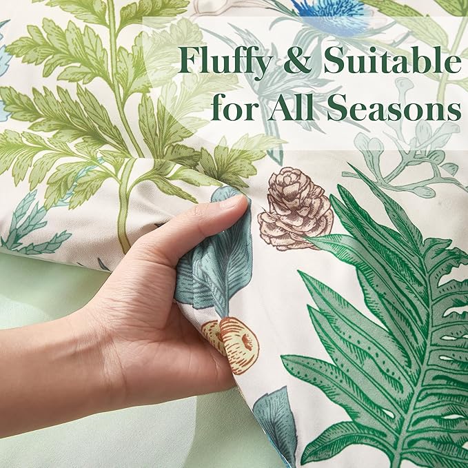 King Comforter Set - 3 Pieces Botanical Bedding Comforter Set, 1 Soft White Green Plant Flowers Comforter (104"x90") and 2 Pillow Shams(20"x36") Ultra-Soft Comfort Suitable for All Seasons