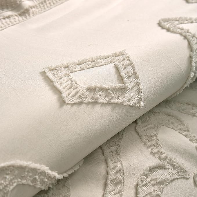 Boho Queen Comforter Set Beige 3 Pieces Tufted Tassel Comforter Set Queen Size Lightweight Queen Size Comforter Sets Farmhouse Shabby Chic Fluffy Beige Comforter Queen Bed Set Gift Choice