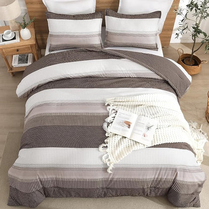 Litanika Comforter Set Full Size Chocolate - 3 Pieces Lightweight Colorblock Stripe Fluffy Bedding Comforter Sets, All Season Bed Set