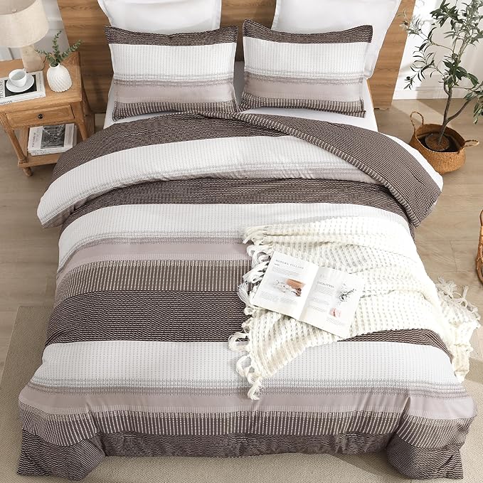Litanika Comforter Set King Size Chocolate - 3 Pieces Lightweight Colorblock Stripe Fluffy Bedding Comforter Sets, All Season Bed Set