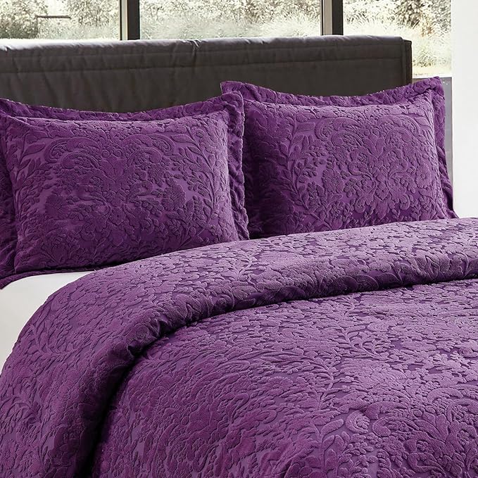 Sunshine Nicole Velvet Jacquard Comforter Set, Velvet Jacquard Face and Brushed Solid Microfiber Reverse, with Light Weight Soft Poly Fill, 3 Pieces Purple, Queen