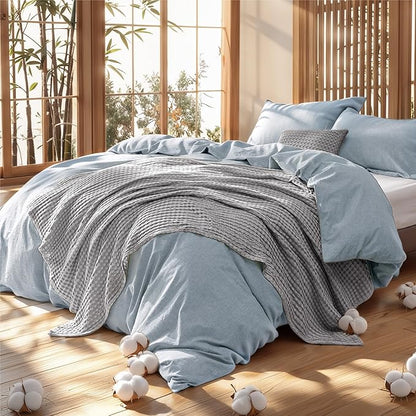 Bedsure 5 Pieces Cotton Comforter Set with Cotton Waffle Throw Blanket - Blue Queen Comforter, Pillow Shams, Grey Cooling Blanket of Rayon Derived from Bamboo for Hot Sleepers, Throw Pillow