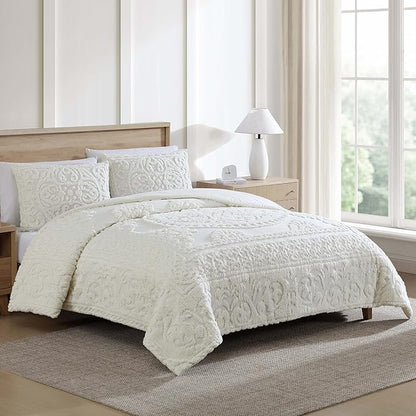 Beatrice Home Fashions Medallion Tufted Chenille Comforter 3-Piece Set, Cotton, All Season Cozy Bedding, Queen, Ivory