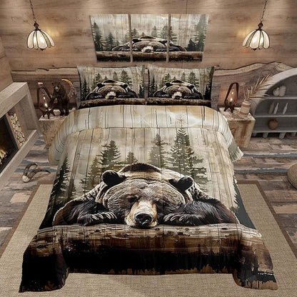Feelyou Grizzly Bear Comforter Set King Size, Wild Animal Hunting Quilt Set with 2 Pillowcases, Western Cabin Bedding Set 3pcs for Kids Boys Teens Room Decor, Rustic Country Farmhouse Duvet Insert