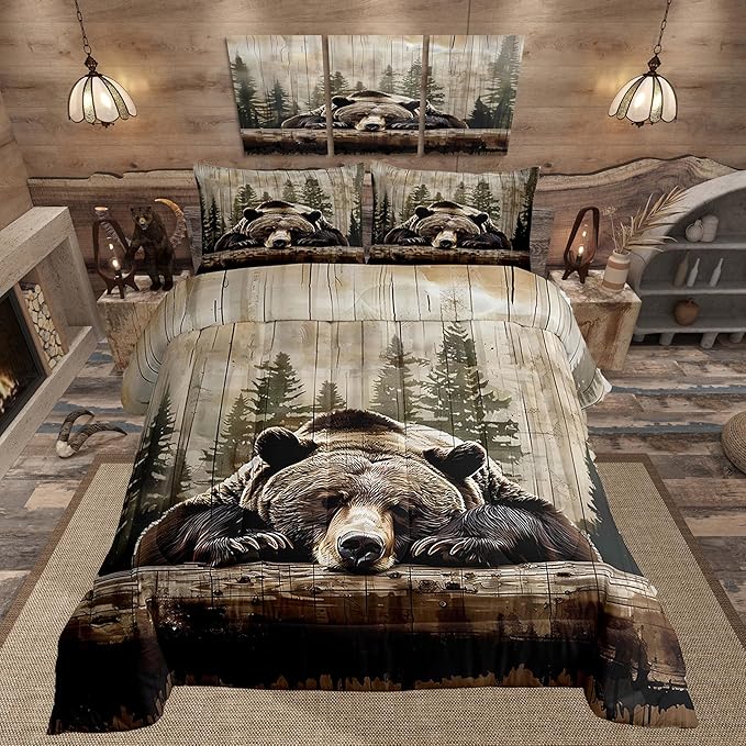 Feelyou Grizzly Bear Comforter Set Toddler Size, Wild Animal Hunting Quilt Set with 1 Pillowcases, Western Cabin Bedding Set 2pcs Kids Boys Teens Room Decor, Rustic Country Farmhouse Duvet Insert