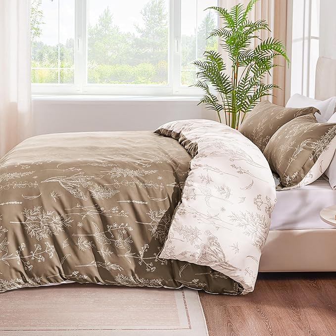 Love's cabin Light Taupe Twin Comforter Set - Twin XL Size Dorm Bedding, 2 Pieces Cute Floral Bedding Comforter Set, Soft Reversible Flowers Comforter, 1 Comforter & 1 Pillow Sham