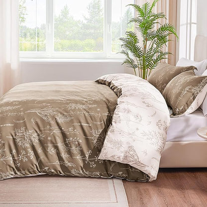 Love's cabin Light Taupe Twin Comforter Set - Twin XL Size Dorm Bedding, 2 Pieces Cute Floral Bedding Comforter Set, Soft Reversible Flowers Comforter, 1 Comforter & 1 Pillow Sham