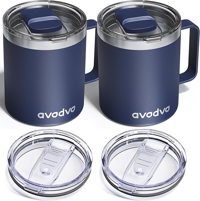 2 Pack 12oz Insulated Coffee Mug with Lids – Double Wall Stainless Steel Travel Cups with Handle, Keep Hot & Cold Drinks, Ideal Gift for Coffee Lovers, Home, Office & Camping, Navy Blue