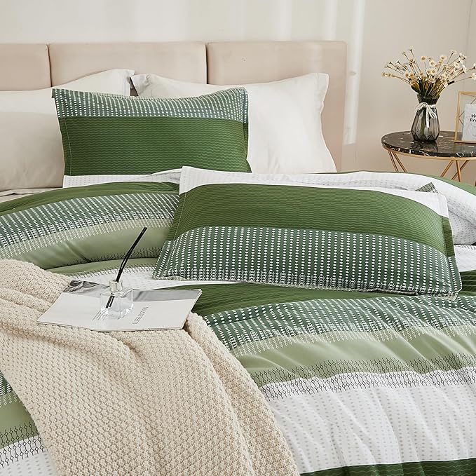 Litanika Olive Green Comforter Set Twin/Twin XL - 2 Pieces Lightweight Olive Green White Colorblock Stripe Fluffy Bedding Comforter Sets, All Season Bed Set