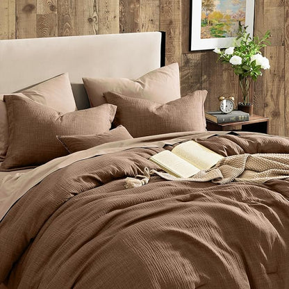 Geniospin Brown Full Comforter Set - 7 Pieces Comforter Full Size, Solid Bedding Set for All Season, Textured Bed in a Bag with Sheets