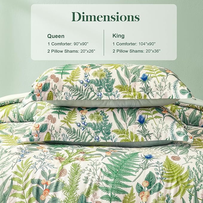 King Comforter Set - 3 Pieces Botanical Bedding Comforter Set, 1 Soft White Green Plant Flowers Comforter (104"x90") and 2 Pillow Shams(20"x36") Ultra-Soft Comfort Suitable for All Seasons