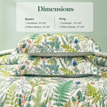 King Comforter Set - 3 Pieces Botanical Bedding Comforter Set, 1 Soft White Green Plant Flowers Comforter (104"x90") and 2 Pillow Shams(20"x36") Ultra-Soft Comfort Suitable for All Seasons