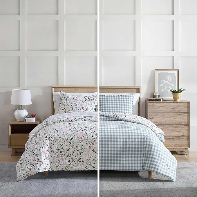 Eddie Bauer - Twin Comforter Set, Reversible Cotton Bedding with Matching Sham, Floral Print with Plaid Reverse, Medium-Weight, Dorm Essentials (Woodland Forest Grey)