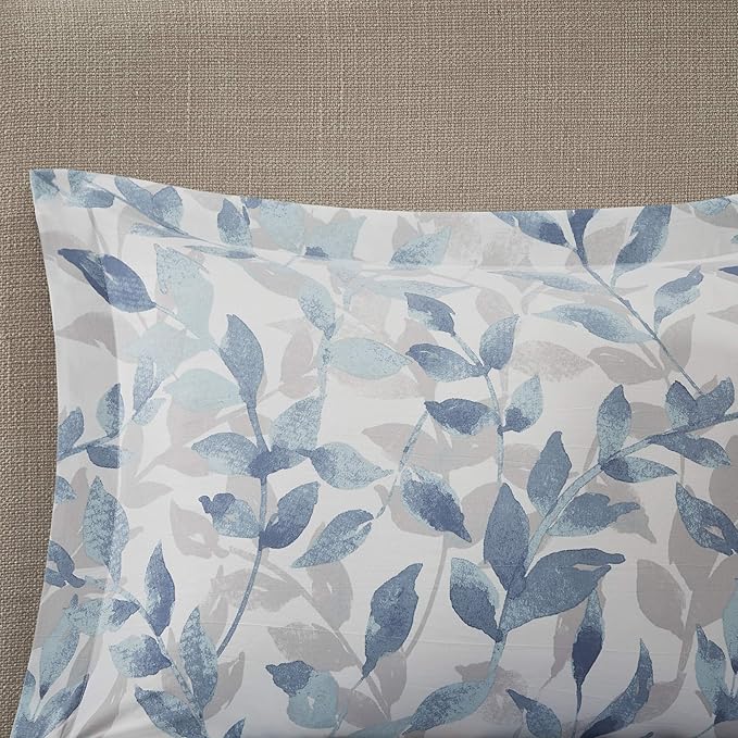 Madison Park Essentials Cozy Bed in a Bag Reversible Comforter with Complete Sheet Set - Modern Botanical Print All Season Cover, Shams, Decorative Pillow, Full(78"x86"), Blue 8 Piece