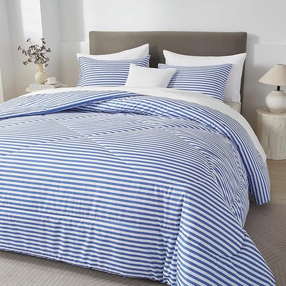 mixinni Striped Comforter Set King Size -Blue Stripes Pattern Bed Set for All Season, 3 Pieces Lightweight Bedding Comforter Sets for All Seasons (1 Soft Fluffy Comforter + 2 Pillowcases)