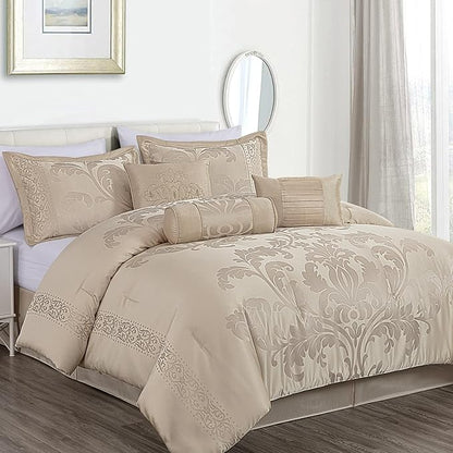 Chezmoi Collection Royale 7-Piece Jacquard Floral Comforter Set, Full/Double, Champagne