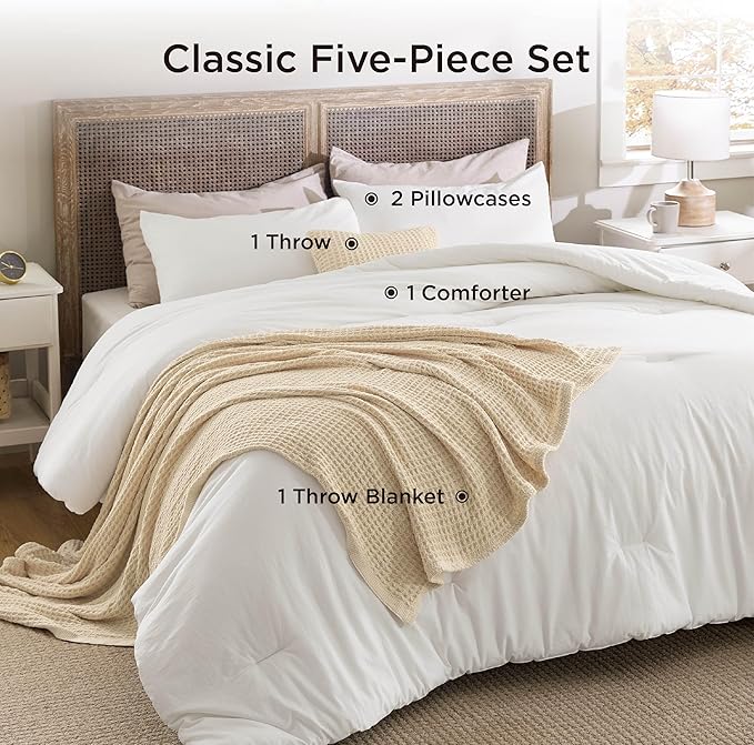 Bedsure 5 Pieces Cotton Comforter Set with Waffle Throw Blanket - Soft Breathable Bedding Set for All Seasons, White Queen Comforter, Pillow Shams, Beige 100% Cotton Blanket, Throw Pillow