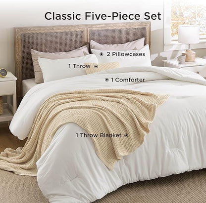 Bedsure 5 Pieces Cotton Comforter Set with Waffle Throw Blanket - Soft Breathable Bedding Set for All Seasons, White Queen Comforter, Pillow Shams, Beige 100% Cotton Blanket, Throw Pillow