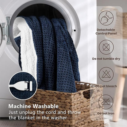 Heated Blanket Electric Blanket Twin Waffle, 62x84 Inches Sherpa Fleece Fast Heating Blanket 6 Heating Levels & 10 Hours Auto Off ETL Certification, Navy Twin