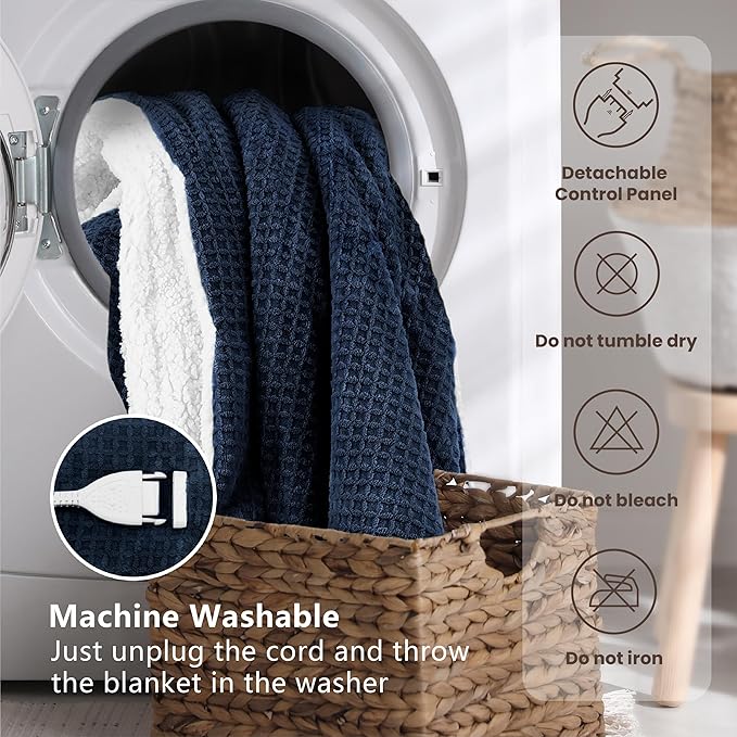 Heated Blanket Electric Blanket Full Waffle,72x84 Inches Sherpa Fleece Fast Heating Blanket 6 Heating Levels & 10 Hours Auto Off ETL Certification, Navy Full