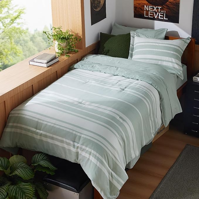 Bedsure Twin XL Comforter Set 5 Pieces, Sage Green Striped Bedding Set for All Seasons, Reversible, Cationic Dyeing Bed in a Bag with Comforter, Sheets, Pillowcase & Sham