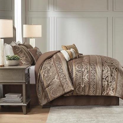 Madison Park Bellagio Cozy Comforter Set - Luxurious Jaquard Traditional Damask Design, All Season Down Alternative Bedding with Matching Shams, Decorative Pillow, King(104"x92"), Brown/Gold 7 Piece