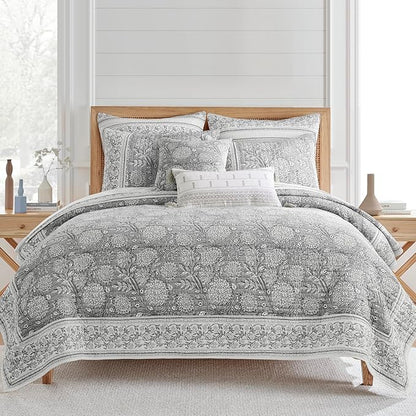 Levtex Home – Adare Grey Decorative Pillow – 18x18in – Feather Filled Throw Pillow – Floral Pattern – Grey and White – Zipper Closure
