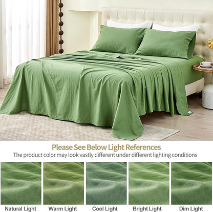 Simple&Opulence Belgian Linen Sheet Set Solid Color - 4 Pieces (1 Flat Sheet & 1 Fitted Sheet & 2 Pillowcases) Natural Flax Cotton Blend Soft Bedding Breathable Farmhouse - Khaki Green, Queen Size